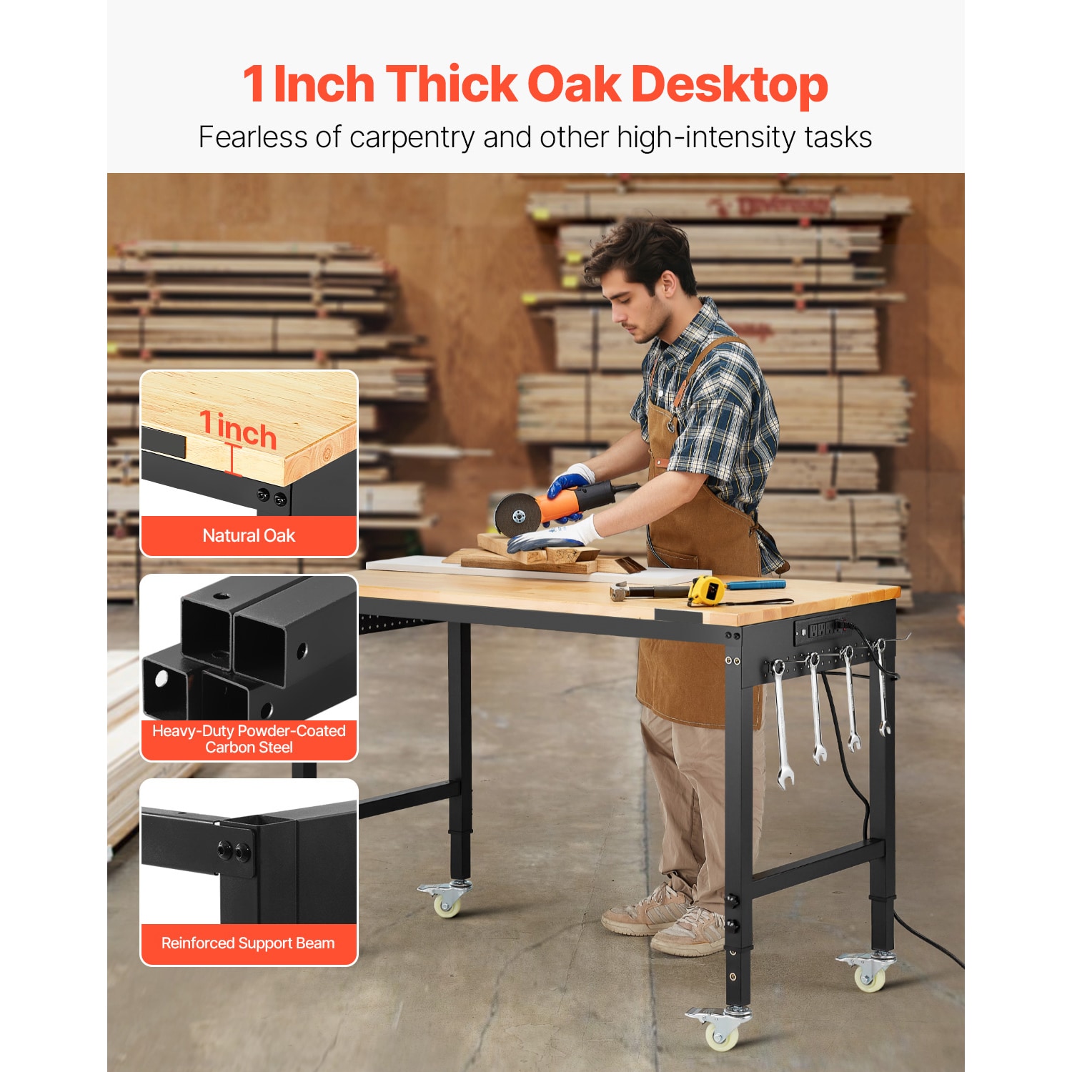 48" Workbench On Wheels Adjustable Height Table With Power Outlet & Pegboard_voghion.com